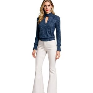 Encuentro Metallic Navy Keyhole Mock Neck Blouse – Long Sleeve Textured Top.